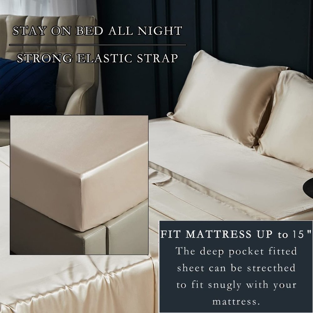 New 4 Pcs Satin Sheets Queen - Silk Silky Super Soft Extra Deep Pocket Queen set - Picture 14 of 16